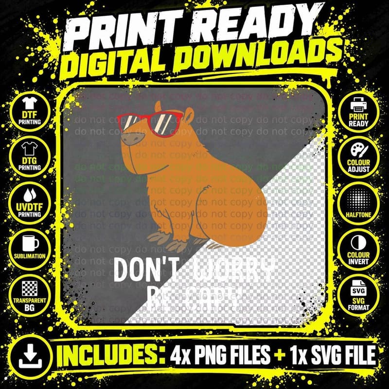 Funny Capybara for Kids Don't Be Worry Be Capy Png SVG Digital Bundle