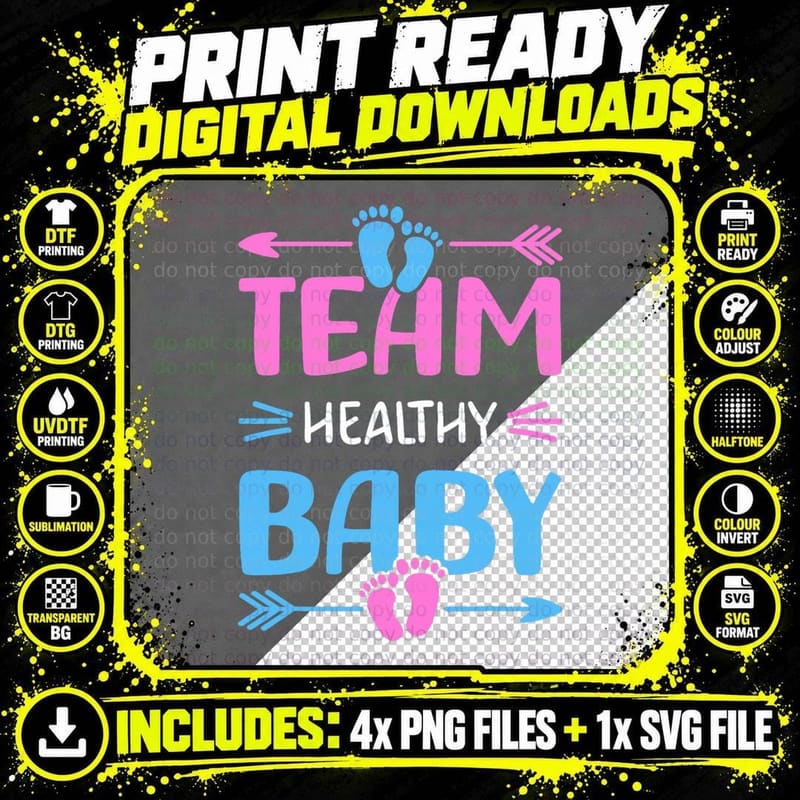 Funny Gender Reveal Team Healthy Baby Party Supplies Png SVG Digital Bundle