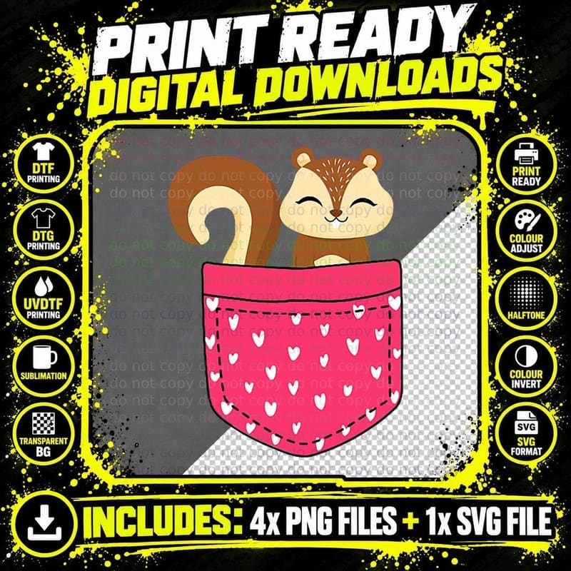 Funny Squirrel Pocket Heart Valentines Day Love Squirrel Png SVG Digital Bundle