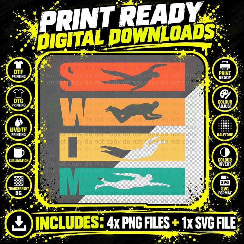 Funny Swim Retro Vintage Swimming for Swimmers Png SVG Digital Bundle