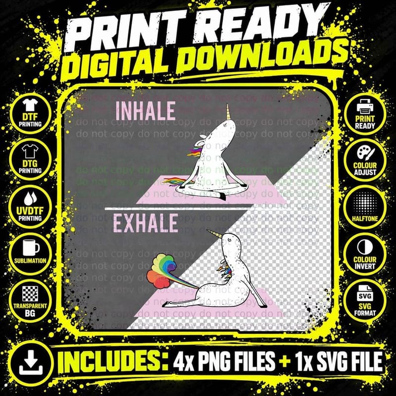 Funny Unicorn Yoga Pose Inhale Exhale Farting Unicorn Png SVG Digital Bundle