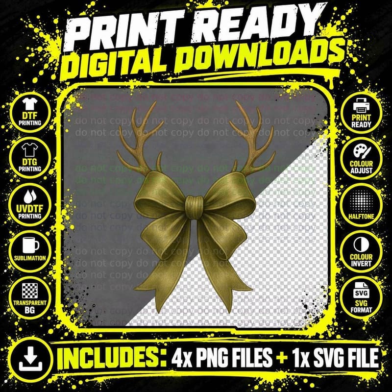 Gold Antlers with Bow Design T-Shirt, Trendy Graphic Tee Png SVG Digital Bundle