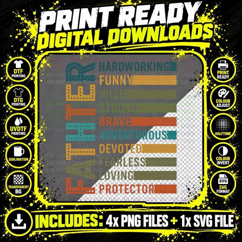 Hardworking Funny Wise Strong Brave Adventurous Devoted Png SVG Digital Bundle