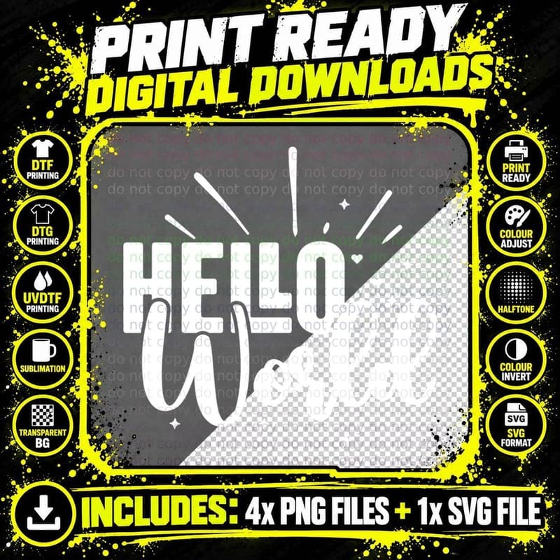 Hello World T-Shirt, Bold Typography Burst Graphic Tee Png SVG Digital Bundle