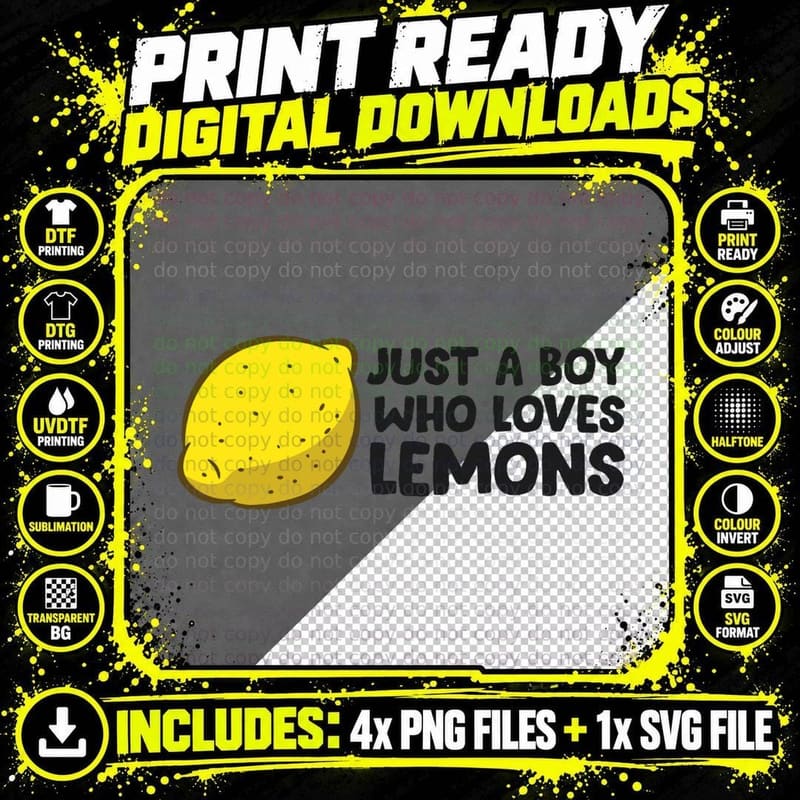 Just a Boy Who Loves Lemons, Lemon Lover Gift Png SVG Digital Bundle