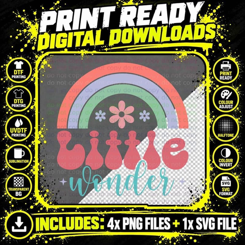 Little Wonder T-Shirt, Rainbow Flowers on Gray Png SVG Digital Bundle