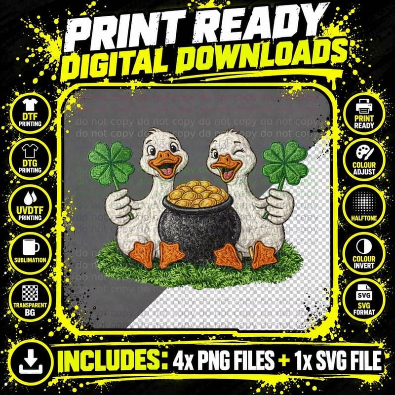 Lucky Ducks with Pot of Gold Funny Goose T-Shirt Png SVG Digital Bundle
