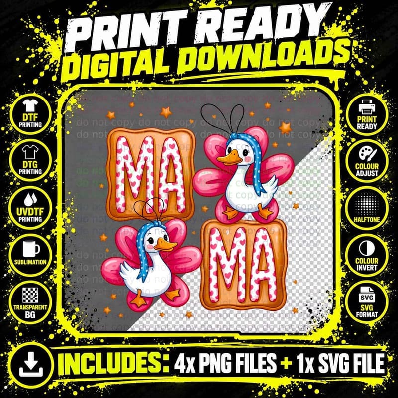 Ma Ma Funny Goose T-Shirt, Adorable Ducks with Hearts Png SVG Digital Bundle