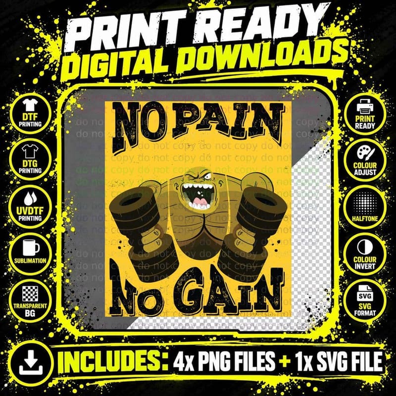 No Pain Gain Monster Yellow Cheerful Motivation Funny Png SVG Digital Bundle
