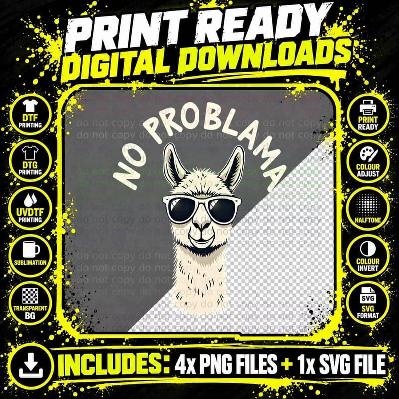 No Problama Llama Sunglasses Funny Humorous Animal Pun Png SVG Digital Bundle