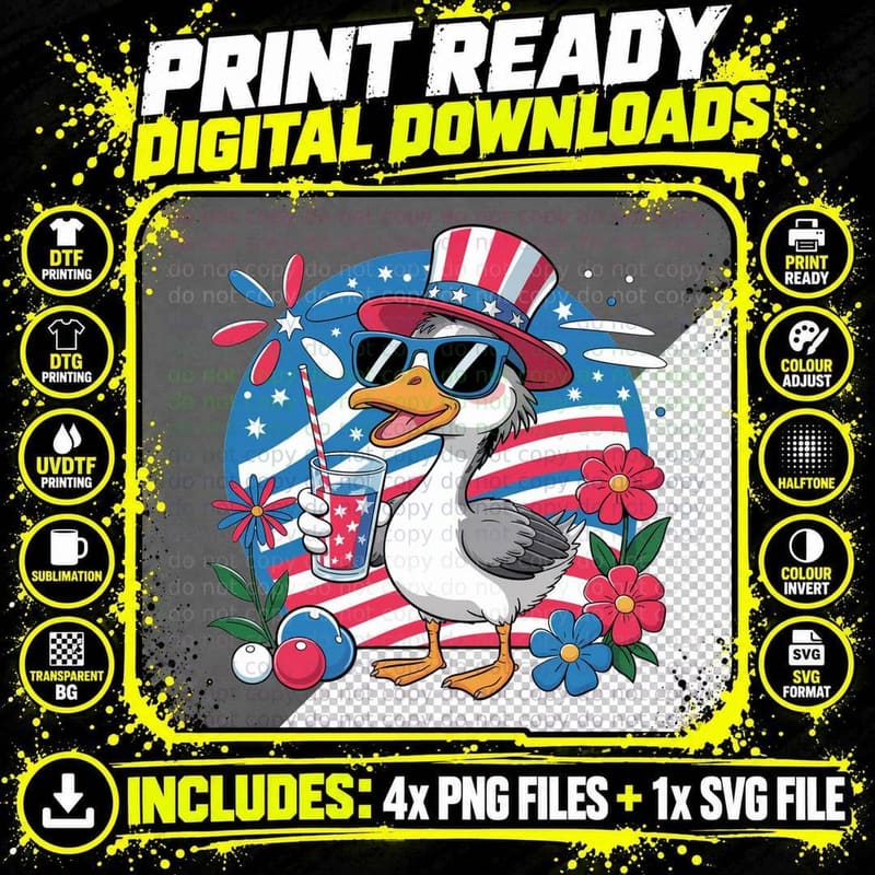 Patriotic Duck with Drink and Flowers Funny Goose T-Shirt Png SVG Digital Bundle
