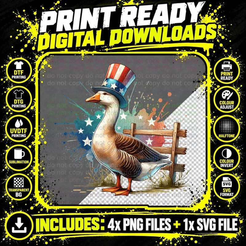 Patriotic Goose in Top Hat Funny Goose T-Shirt Png SVG Digital Bundle