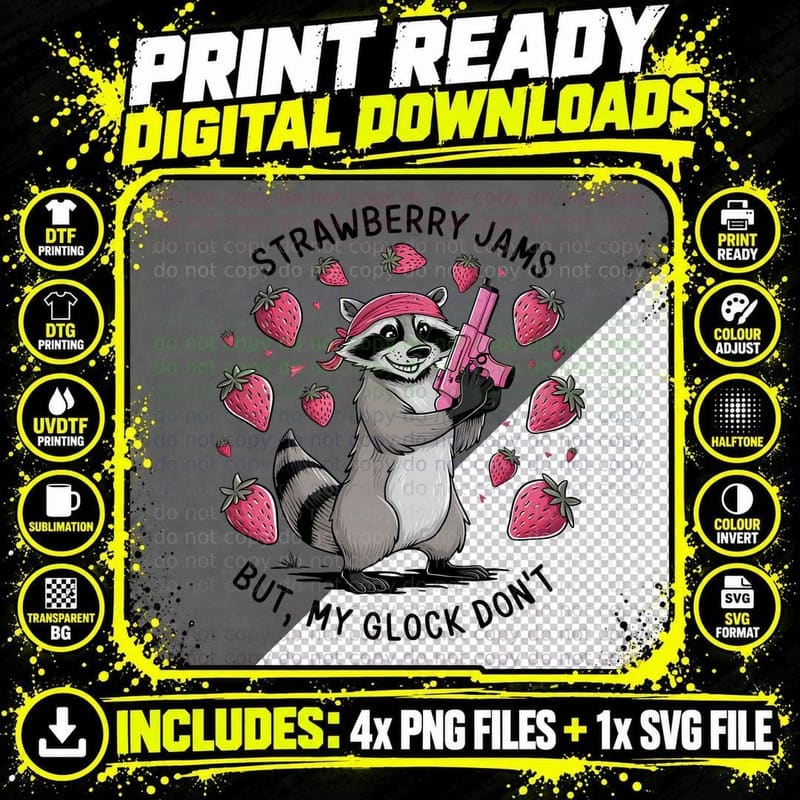 Raccoon Gun Strawberries Cute T-Shirt Png SVG Digital Bundle