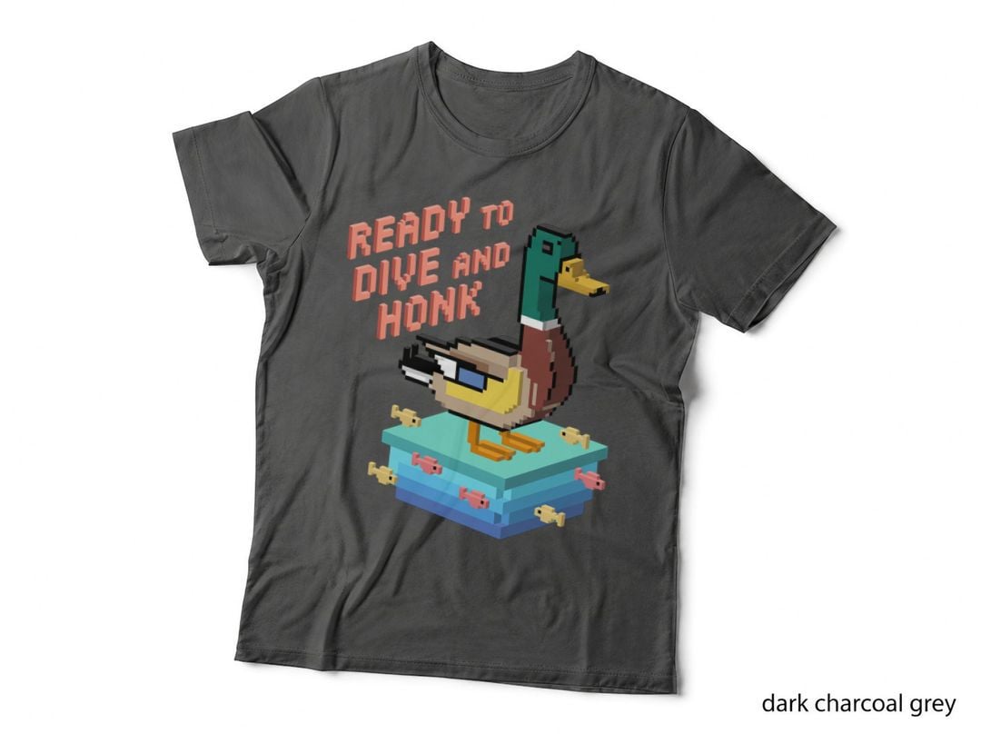Ready to Dive and Honk Funny Goose T-Shirt, Pixelated Duck Diving Underwater