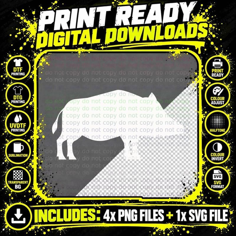 Rhino Silhouette on Gray Background T-Shirt Png SVG Digital Bundle