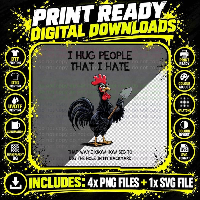 Rooster Holding Shovel T-Shirt, Funny Sarcastic Graphic Png SVG Digital Bundle