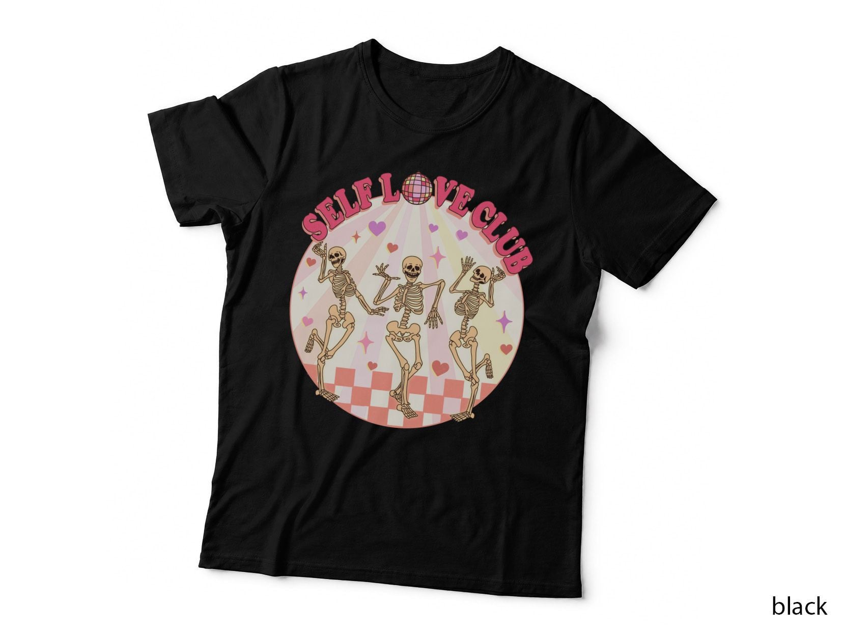 Self Love Club Funny Skull T-Shirt, Dancing Skeletons in a Disco Ball Graphic