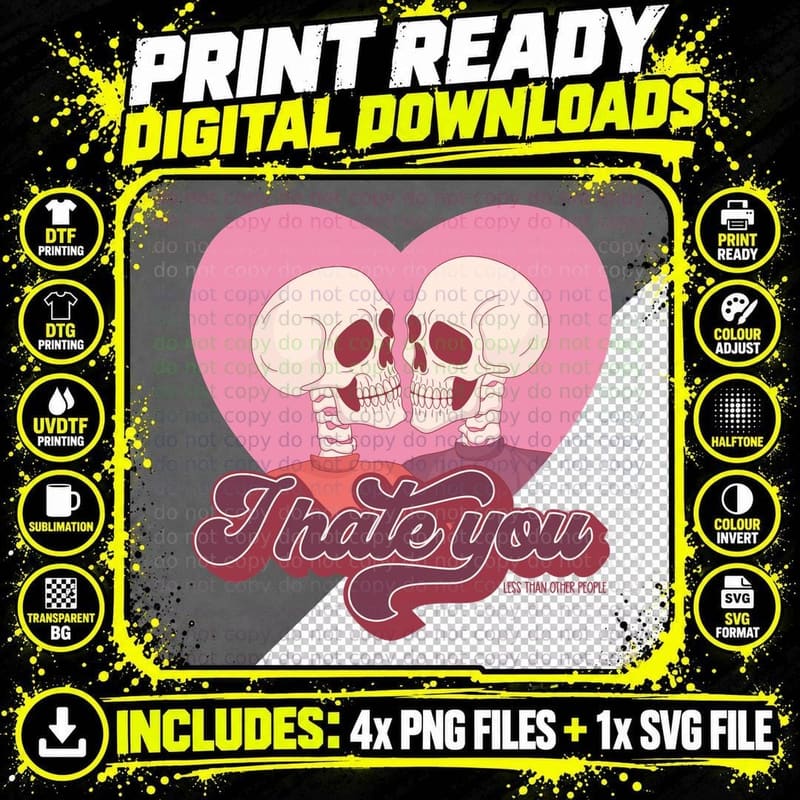Skull Hate I You Less Than Other People Two Heads Dark Png SVG Digital Bundle