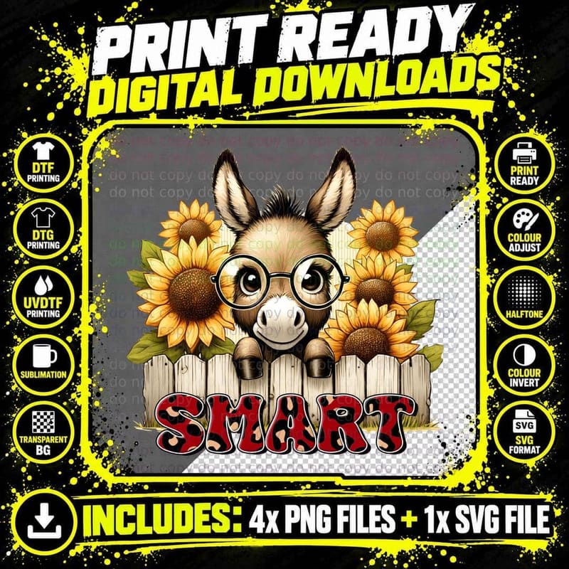 Smart Sarcastic Animal T-Shirt, Donkey Wearing Glasses Png SVG Digital Bundle