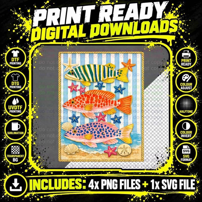 Tropical Fishes with Starfish Funny Girl T-Shirt Png SVG Digital Bundle