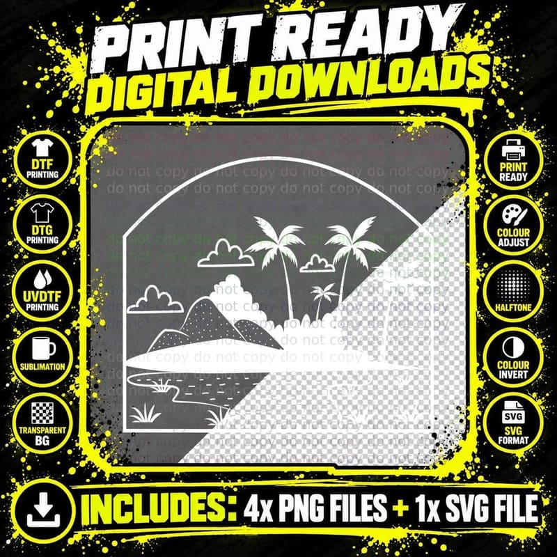 Tropical Island Scene with Palm Trees T-Shirt Png SVG Digital Bundle