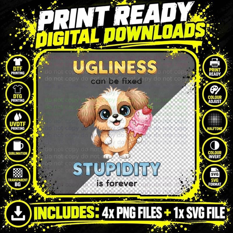 Ugliness Can Be Fixed Stupidity Is Forever Sarcastic Png SVG Digital Bundle