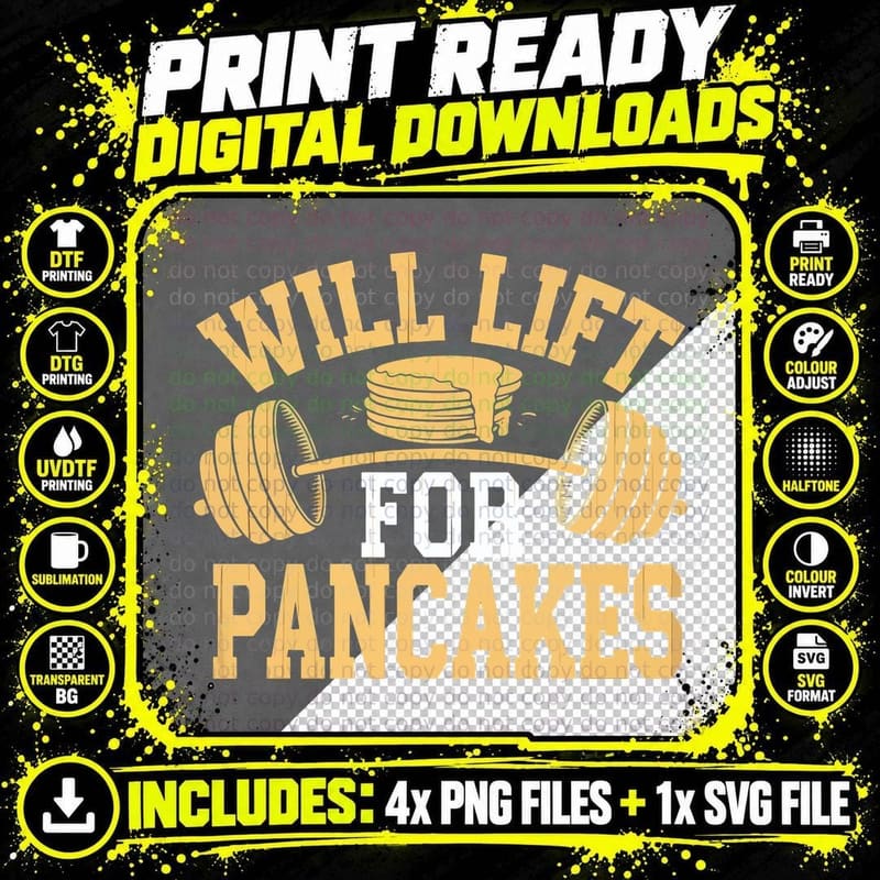 Will Lift for Pancakes Gold Barbell Humor Yellow T-Shirt Png SVG Digital Bundle