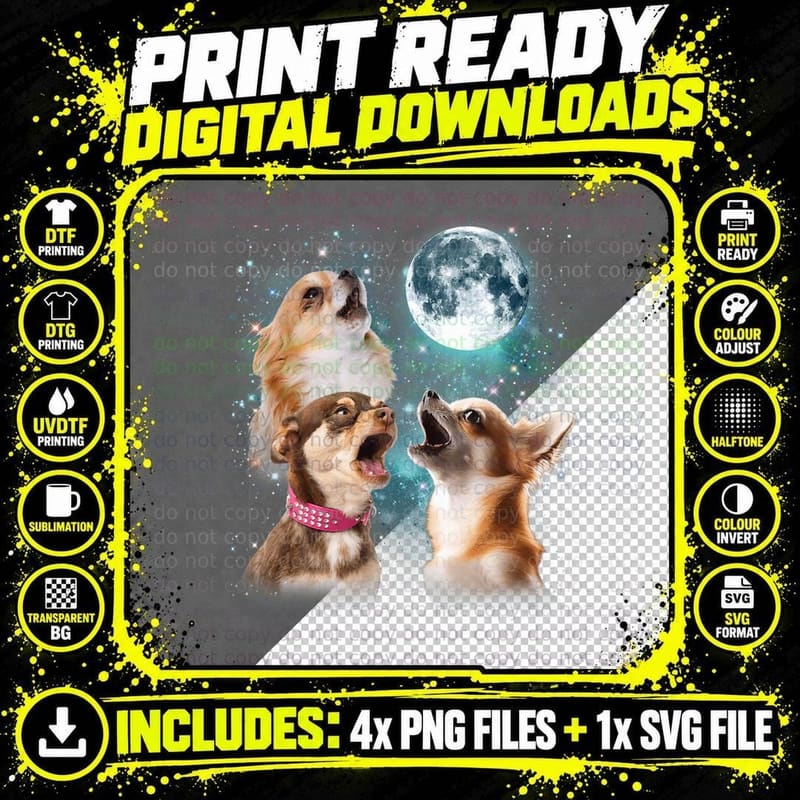 3 Chihuahua Moon Howling Funny Chiwawa Gifts for Men Png SVG Digital Bundle