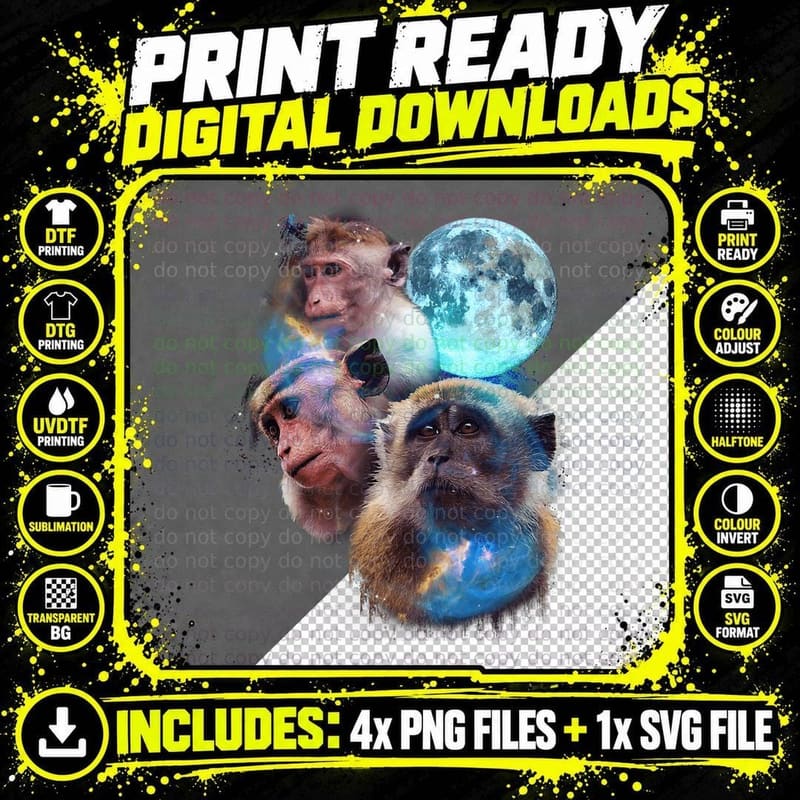 3 Moon Monkey Art Funny Ape Primate Animal Lovers Png SVG Digital Bundle