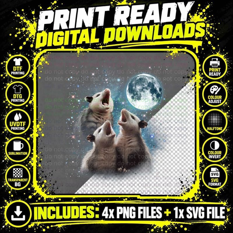 3 Opossum Moon Howling Opossum Head Funny for Men Women Png SVG Digital Bundle