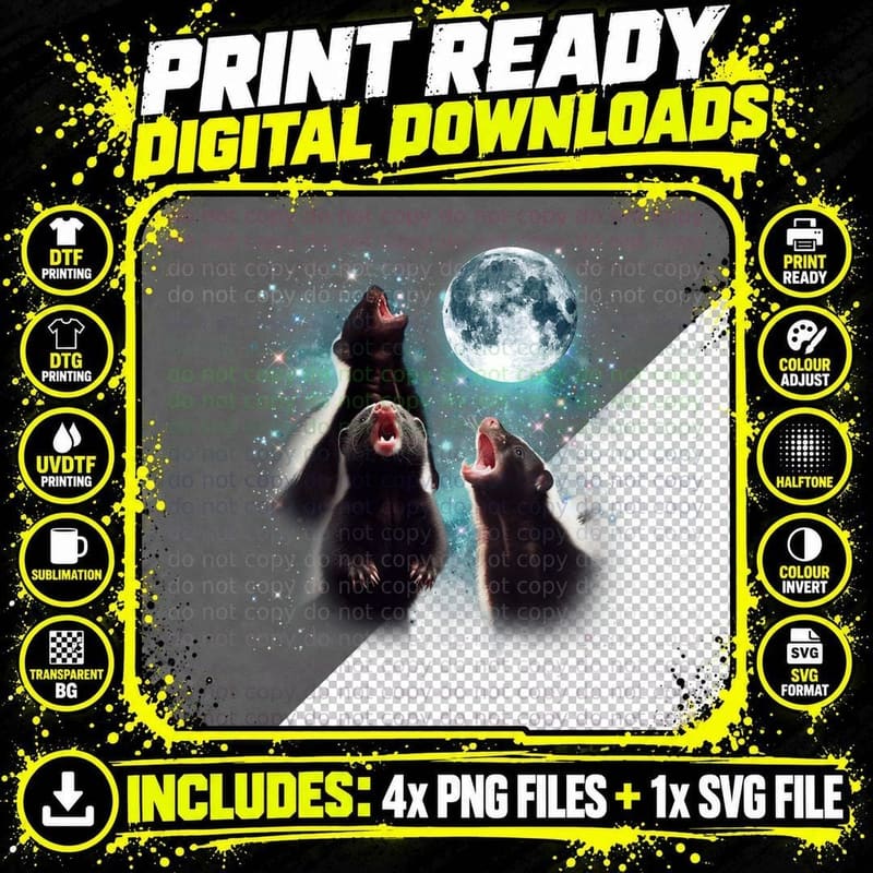 3 Skunk Moon Howling Skunk Head Funny for Men, Women Png SVG Digital Bundle