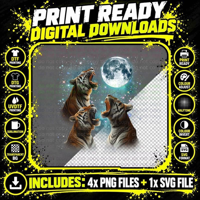 3 Tiger Moon Howling Tiger Head Funny for Men, Women Png SVG Digital Bundle