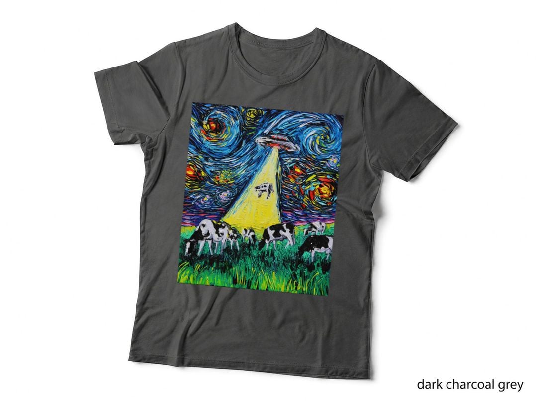Alien Abduction Cows UFO Starry Night Funny Art by Aja T-Shirt