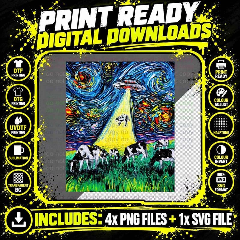 Alien Abduction Cows UFO Starry Night Funny Art by Aja Png SVG Digital Bundle