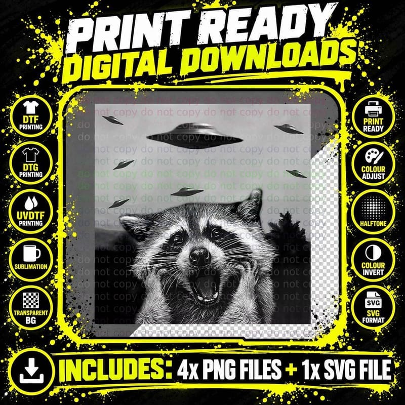 Alien UFO Funny Raccoon Stuffed Animal for Men, Women Png SVG Digital Bundle