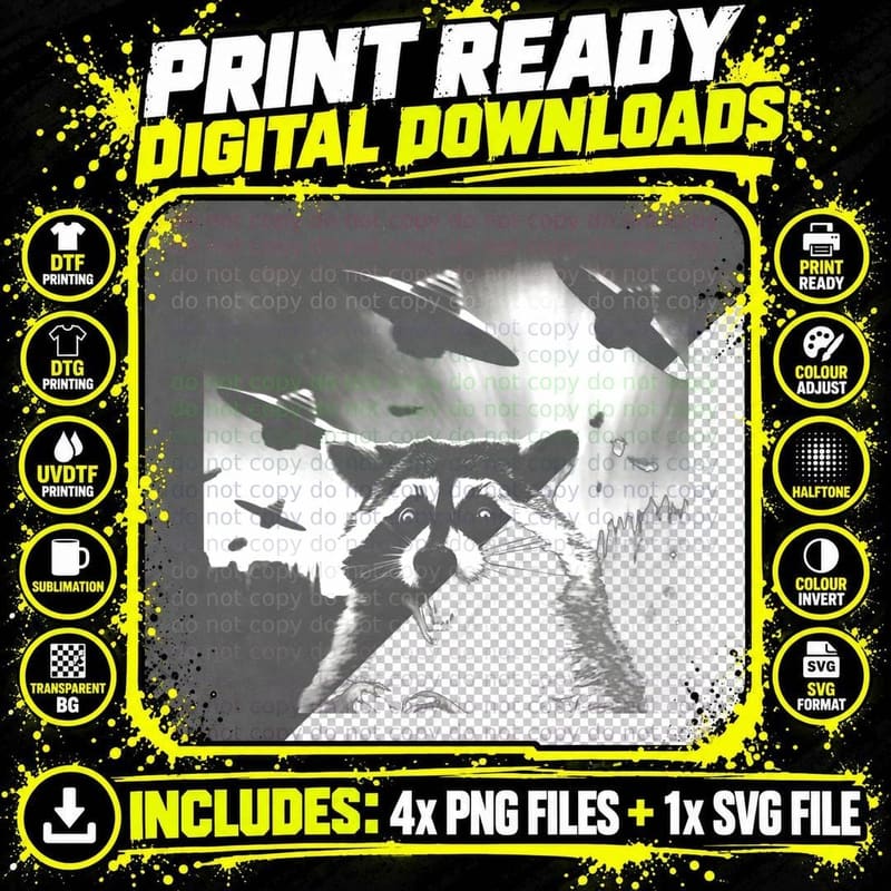 Alien UFO Funny Raccoon Uaps, Space Themed, Sci-Fi Humor Png SVG Digital Bundle