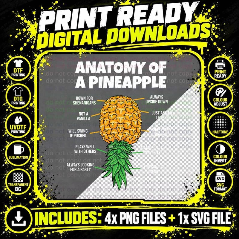 Anatomy of a Pineapple Swinger Funny Upside Down Png SVG Digital Bundle