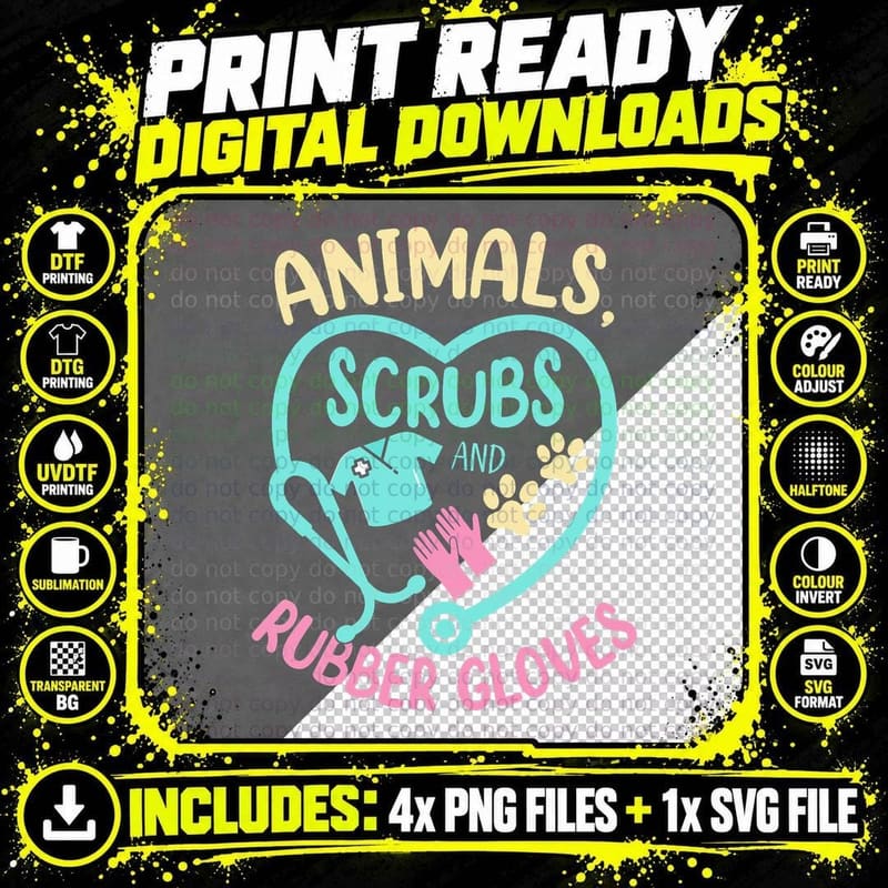 Animals Scrubs and Rubber Gloves Funny Vet Tech Png SVG Digital Bundle