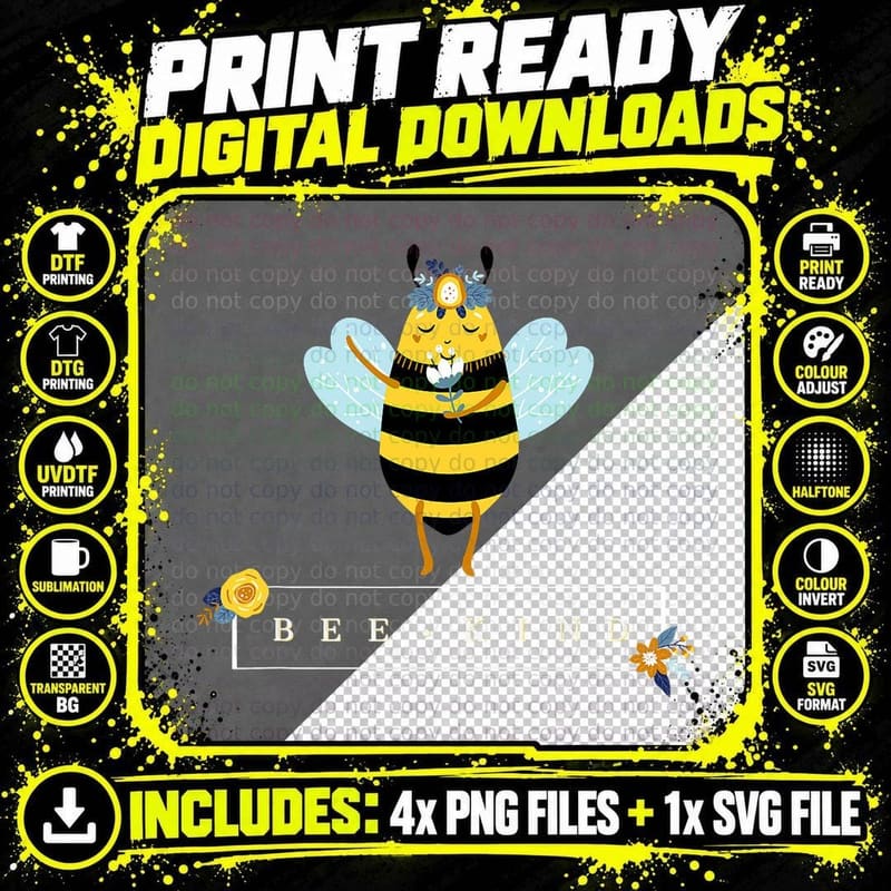 Bee Kind Be Kind Flowers Inspirational Funny Gift Idea Png SVG Digital Bundle