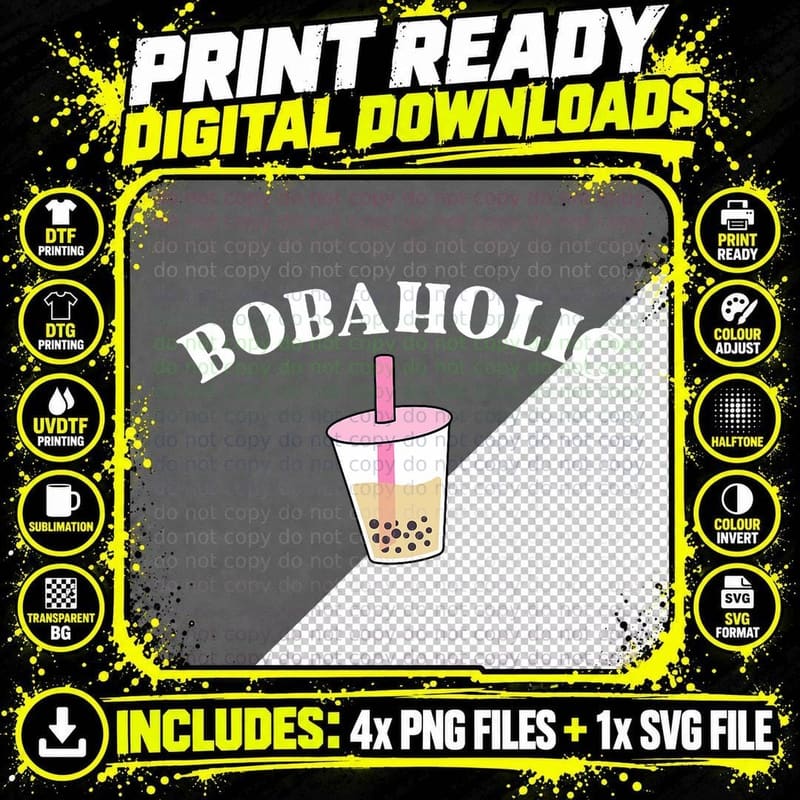 Bobaholic Funny Bubble Tea Shirts Women Boba Tea Kids Png SVG Digital Bundle