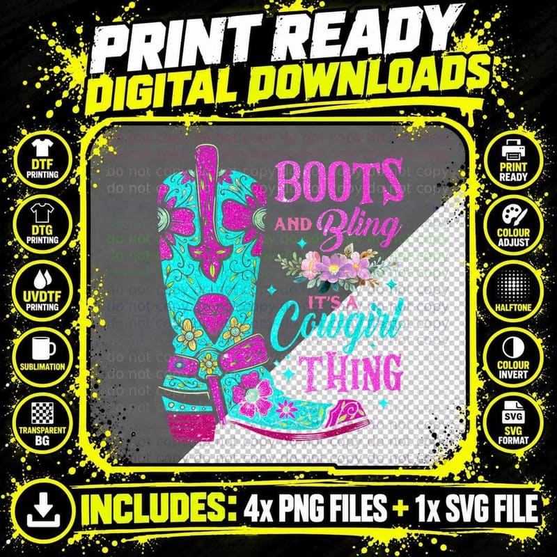 Boots and Bling It's a Cowgirl Thing Rodeo Hat Funny Png SVG Digital Bundle