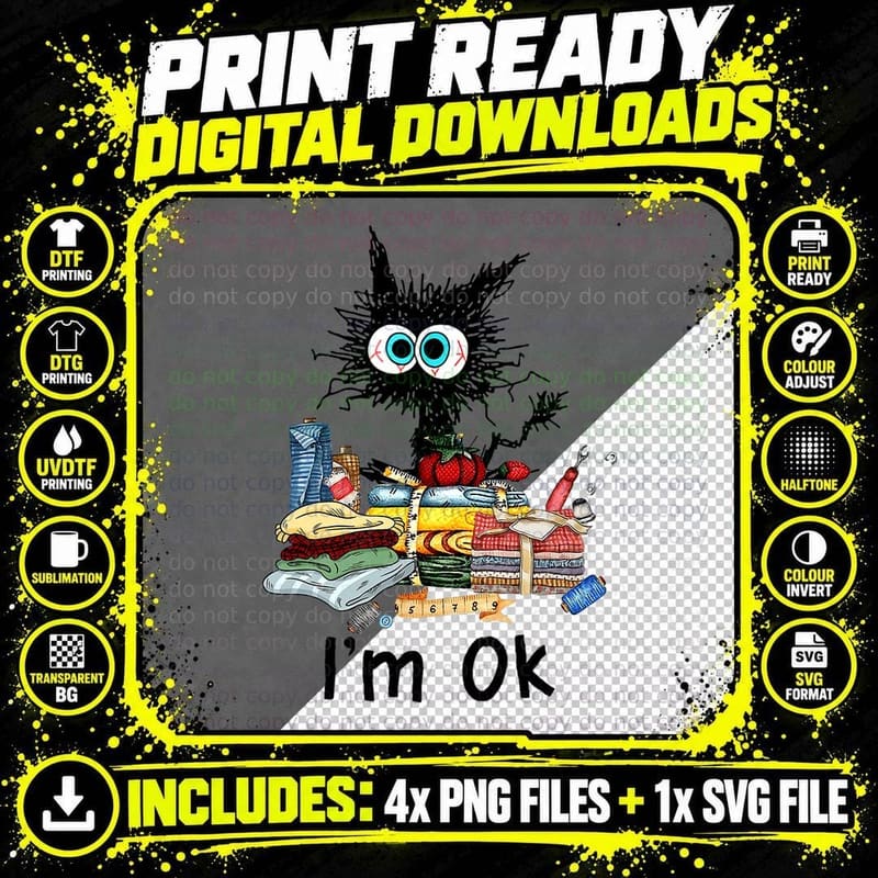 Cats I'm Ok Funny Quilting Love Cats T-Shirt Png SVG Digital Bundle