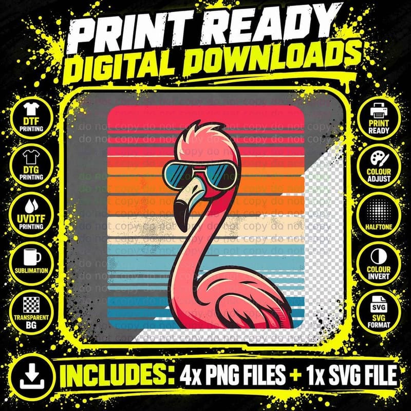 Cool Retro Flamingo in Sunglasses 70s 80s 90s Funny Png SVG Digital Bundle