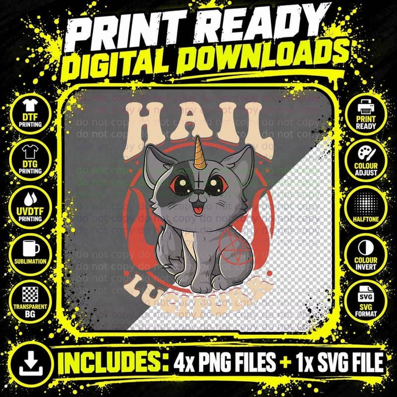 Cute & Funny Satanic Hail Lucipurr Rainbow Kitty Goth Png SVG Digital Bundle