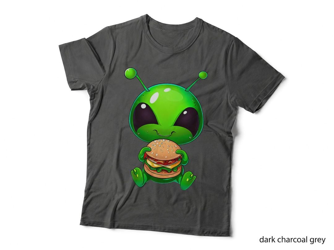 Cute Green Alien Savoring Fast Food Cheeseburger, Funny Sci-Fi T-Shirt