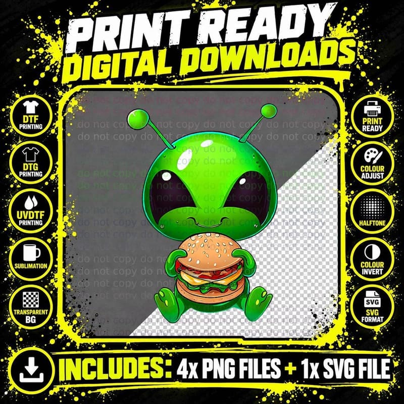 Cute Green Alien Savoring Fast Food Cheeseburger Png SVG Digital Bundle