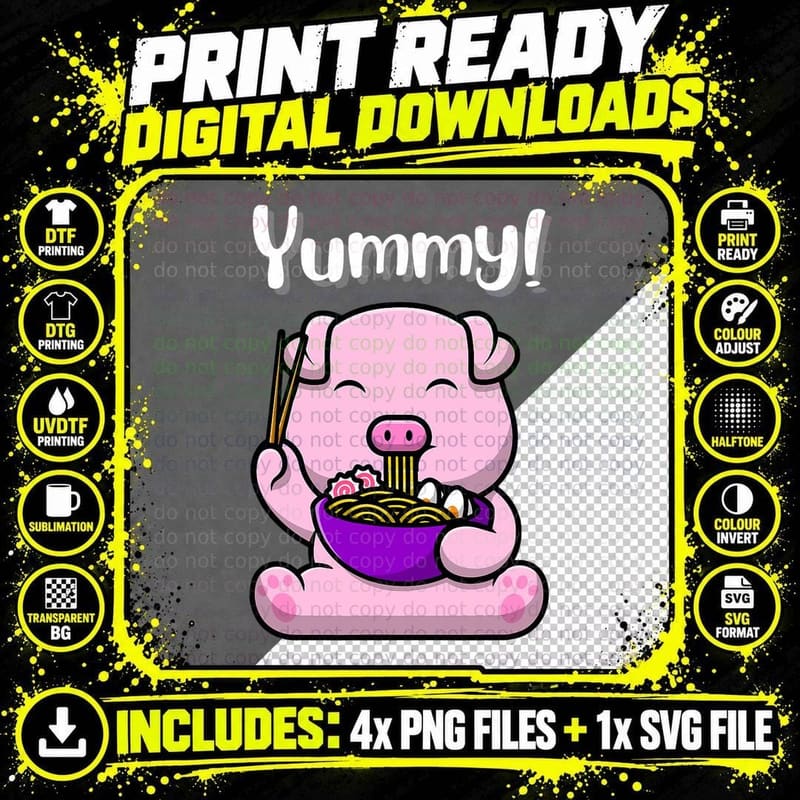 Cute Piggy Eating Ramen Noodles Funny Yummy! Png SVG Digital Bundle