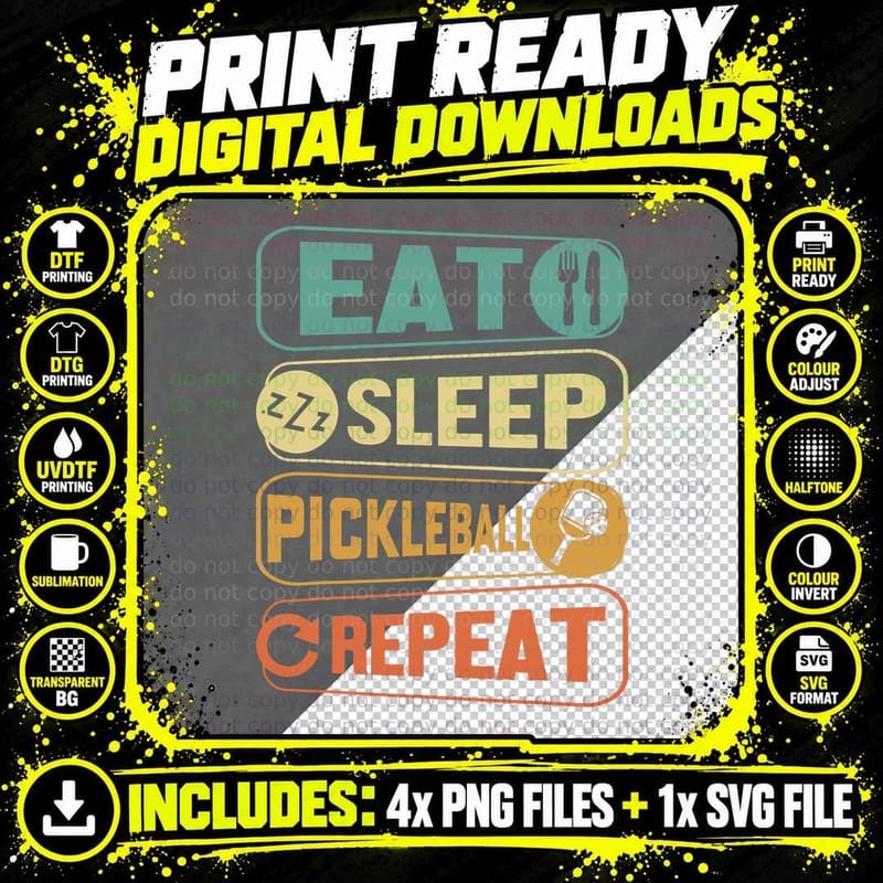 Eat Sleep Pickleball Repeat Funny Pickle Ball Game Png SVG Digital Bundle