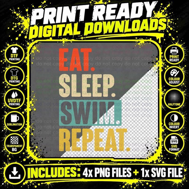 Eat Sleep Swim Repeat - Funny Retro Vintage Swimming Png SVG Digital Bundle