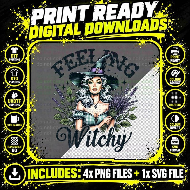 Feeling Witchy Watercolor, Retro Vintage Png SVG Digital Bundle